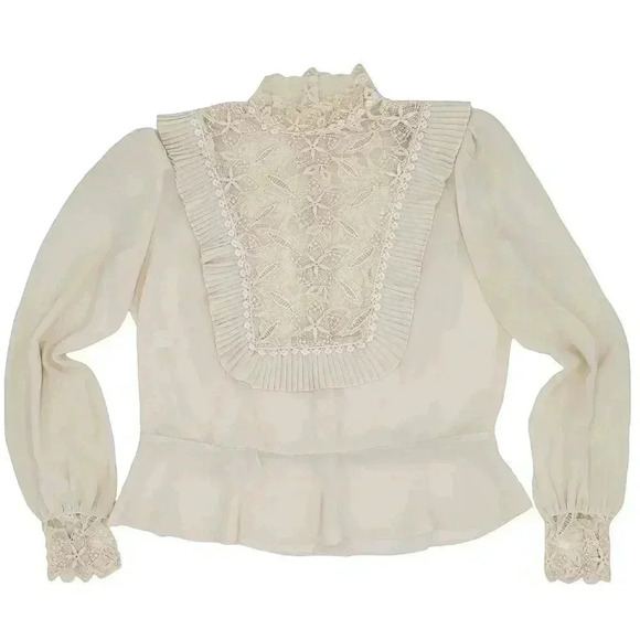 Vintage Cream Floral Pleated Bib Blouse Small Formal Evening Blouse Cottagecore - Picture 1 of 5